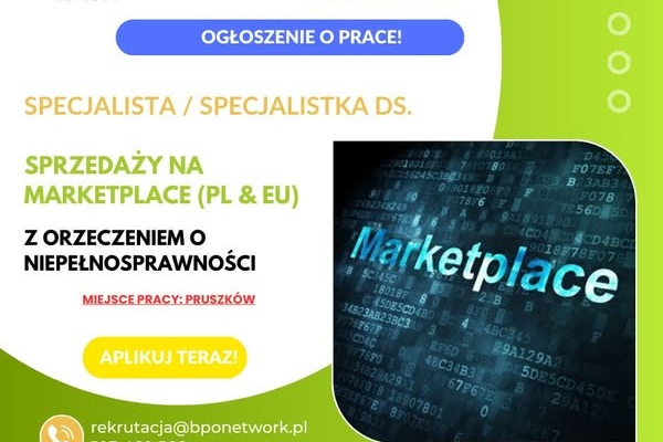 Ogłoszenie - Specjalista/ Specjalistka ds. sprzedaży na Marketplace (PL & EU) z orzeczeniem o niepełnosprawności - praca w Pruszkowie - Pruszków - 5 000,00 zł