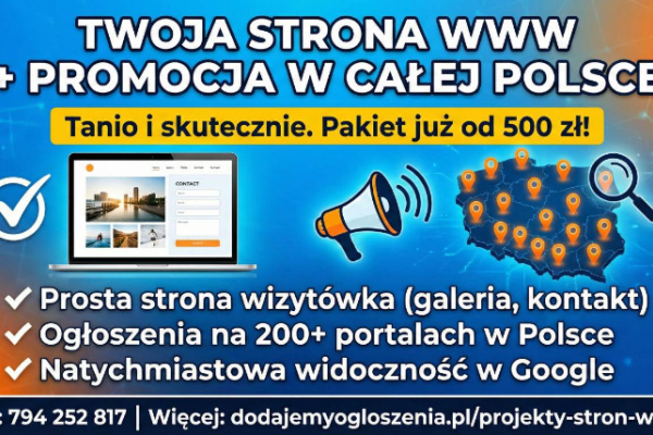 Ogłoszenie - Strona internetowa od 500 PLN z mocną promocją na START/ FAKTURA