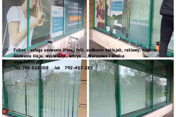 Ogłoszenie - Usuwanie folii z witryn- usuwanie naklejek, kleju, mycie szyb, wymiana starej folii na nową Warszawa  TEL.790028159 - Białołęka - 156,00 zł