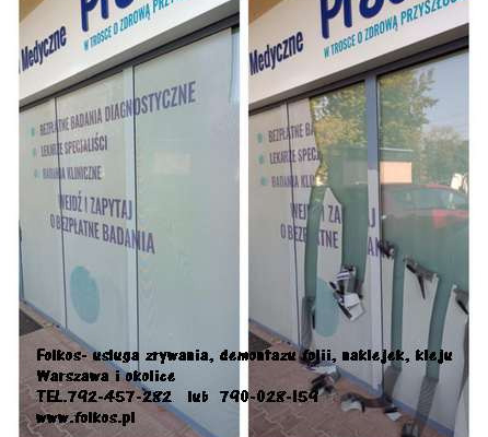 Ogłoszenie - Usuwanie folii z witryn- usuwanie naklejek, kleju, mycie szyb, wymiana starej folii na nową Warszawa  TEL.790028159 - Białołęka - 156,00 zł