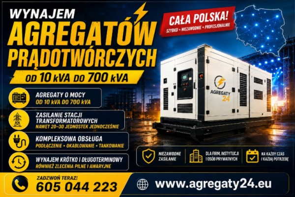 Ogłoszenie - AGREGATY PRĄDOTWÓRCZE DO 700 kVA  - WYNAJEM - USŁUGI