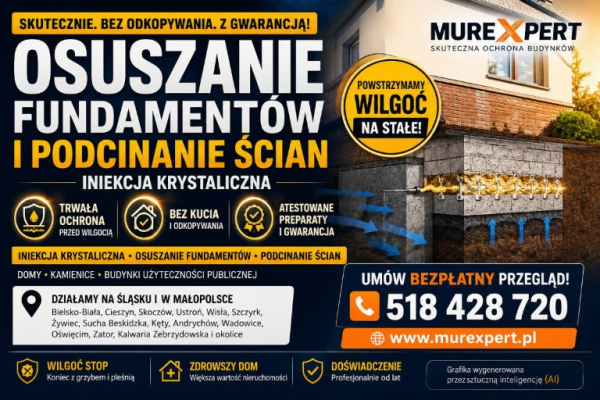 Ogłoszenie - Iniekcja krystaliczna, osuszanie fundamentów i podcinanie ścian - skutecznie Śląsk/Małopolska