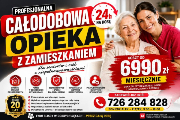 Ogłoszenie - Usługa opieki od 6990 zł 24h nad osobą starszą z zamieszkaniem - 6 990,00 zł
