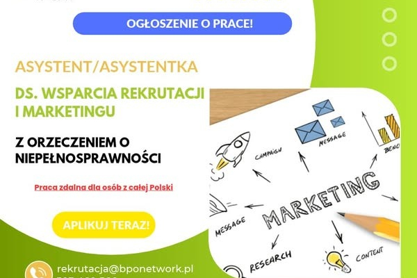 Ogłoszenie - Asystent/Asystentka ds. wsparcia rekrutacji i marketingu – praca zdalna dla osoby z orzeczeniem o niepełnosprawności - 5 000,00 zł