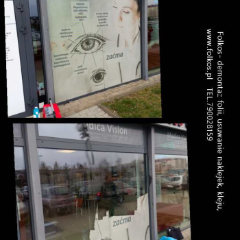 Ogłoszenie - Usługa zrywania folii z witryn Warszawa- Wymiana starej zniszczonej folii na nową -demontaż folii naklejek, kleju Folkos - Ursynów - 123,00 zł